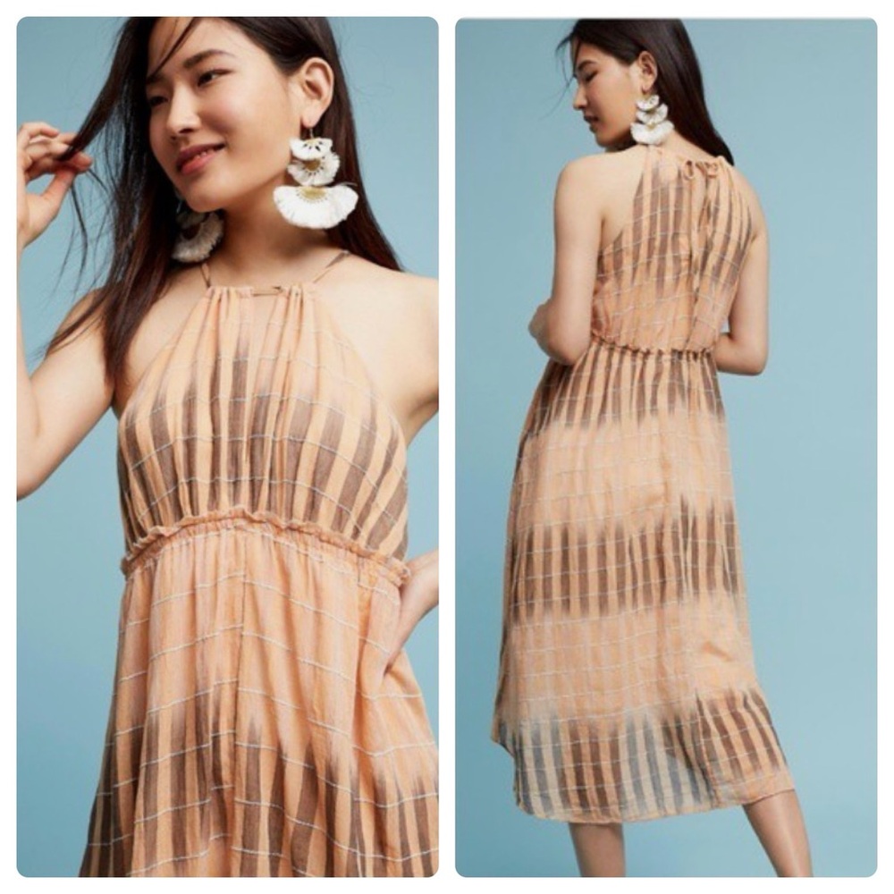 Anthropologie Peach and Brown Striped Midi Dress